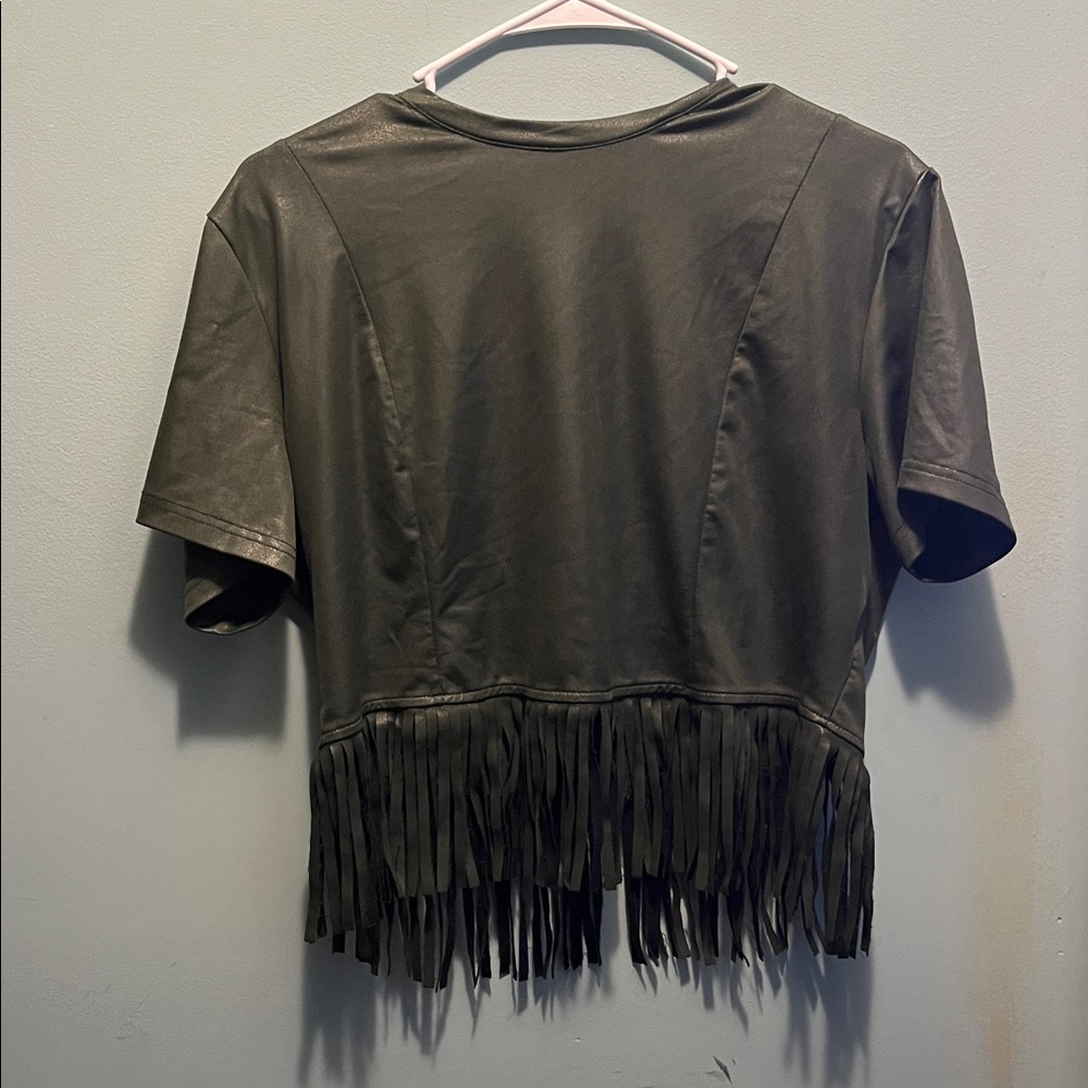 Olive Fringe Short Sleeve Top